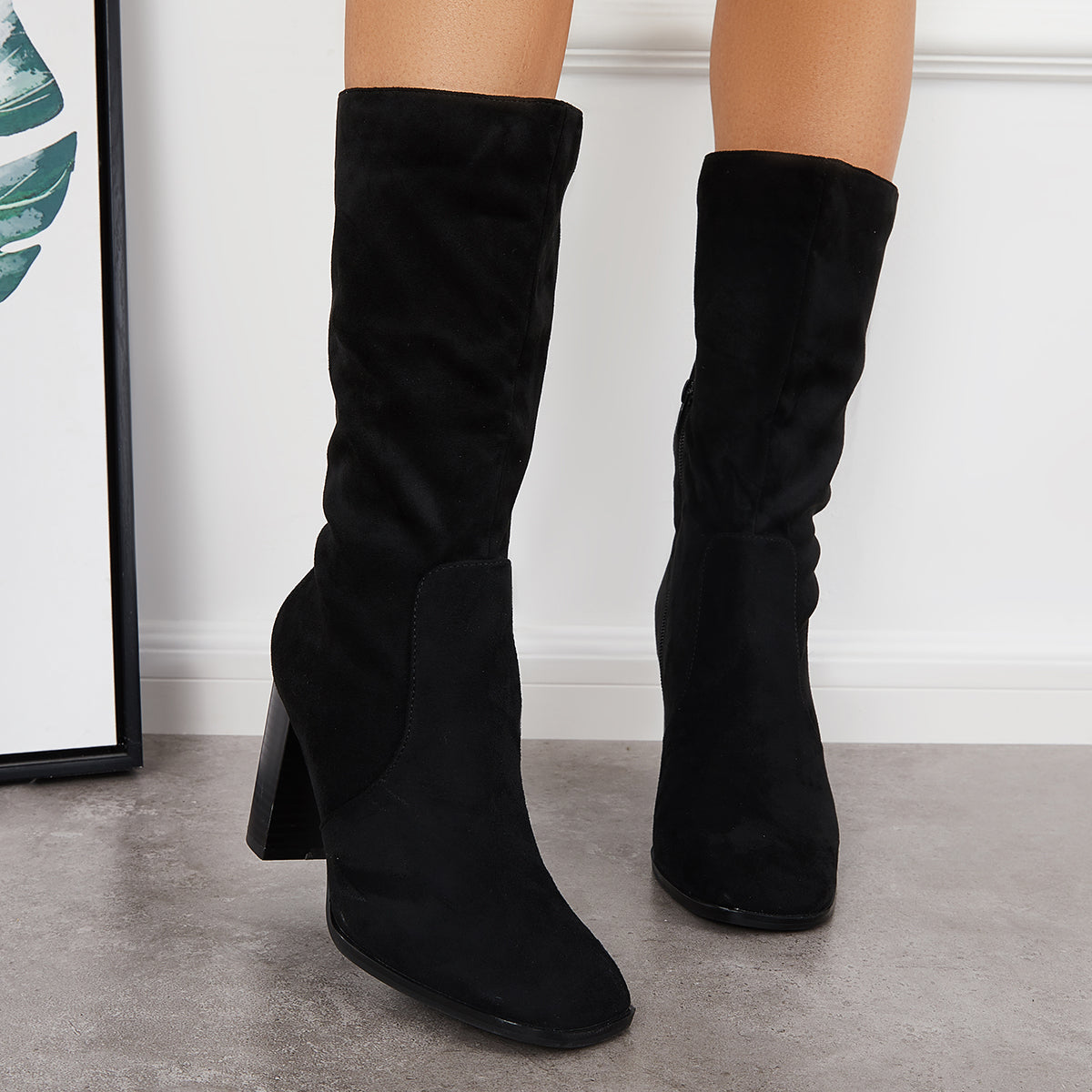 Women Stretch Wide Calf Riding Boots Suede Chunky High Heel Booties