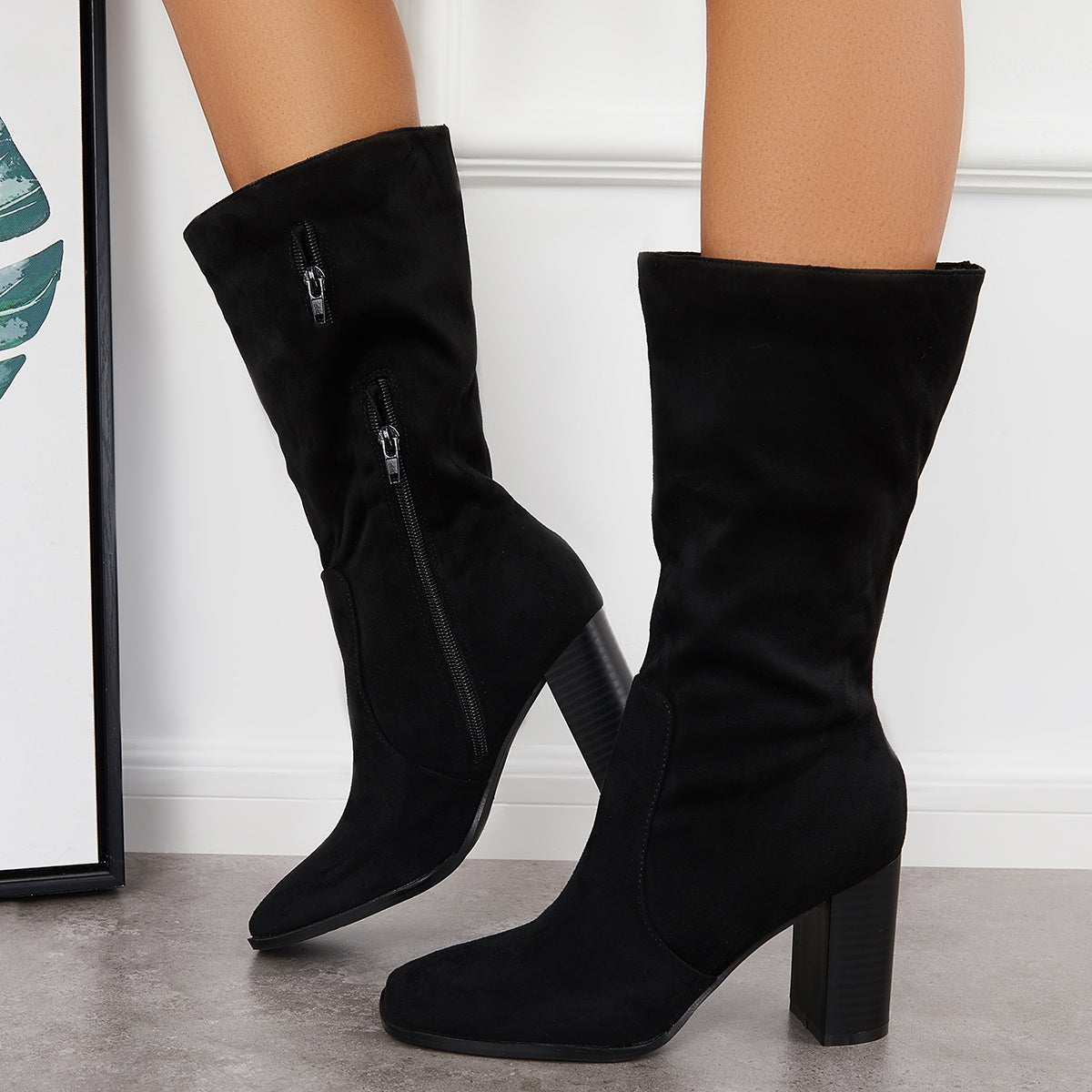 Women Stretch Wide Calf Riding Boots Suede Chunky High Heel Booties