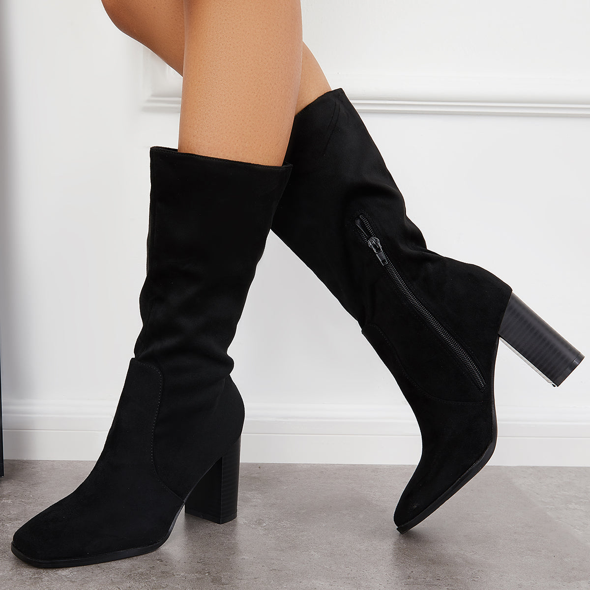 Women Stretch Wide Calf Riding Boots Suede Chunky High Heel Booties