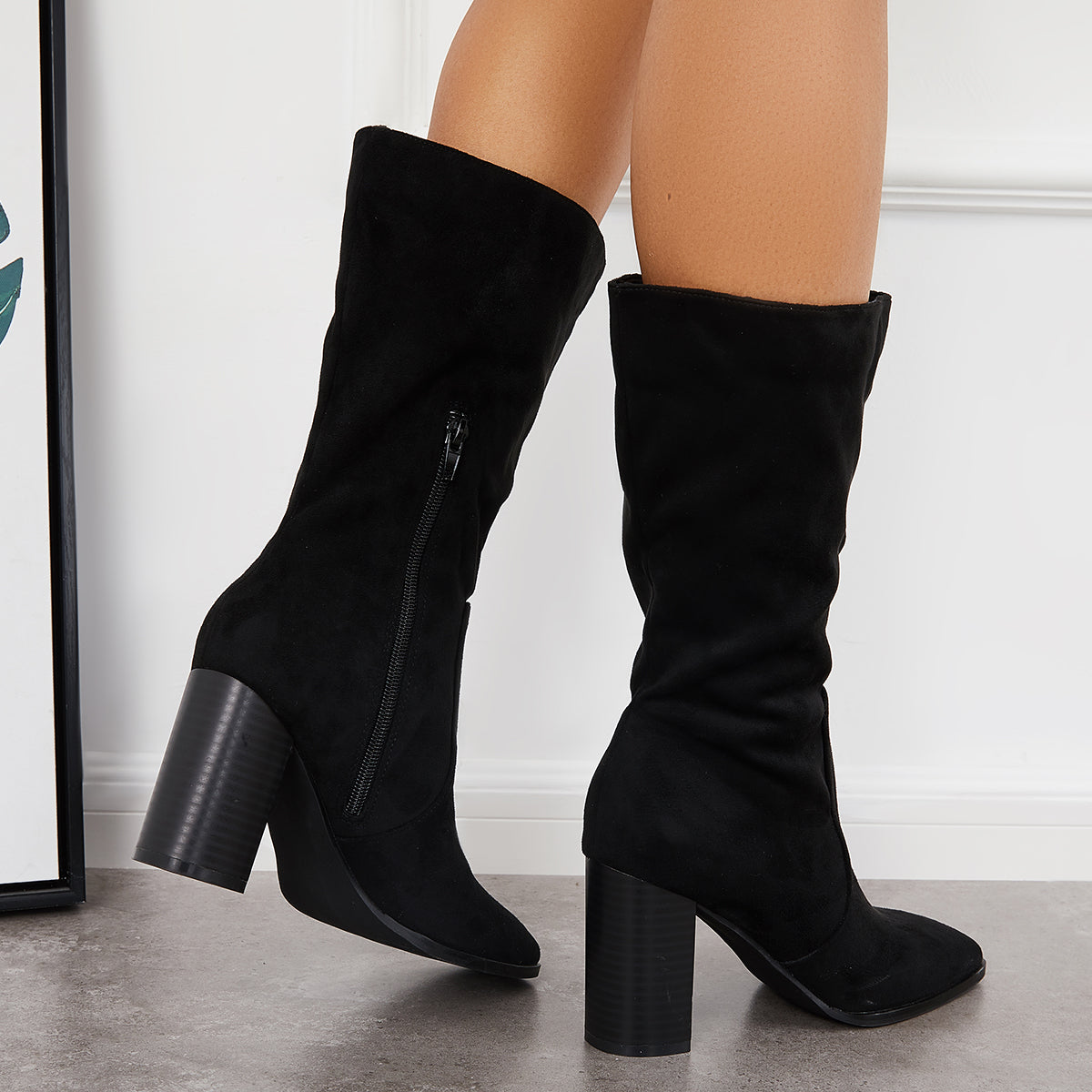 Women Stretch Wide Calf Riding Boots Suede Chunky High Heel Booties