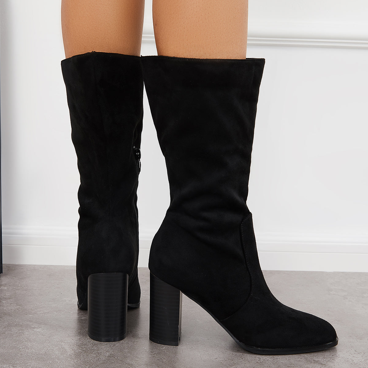 Women Stretch Wide Calf Riding Boots Suede Chunky High Heel Booties