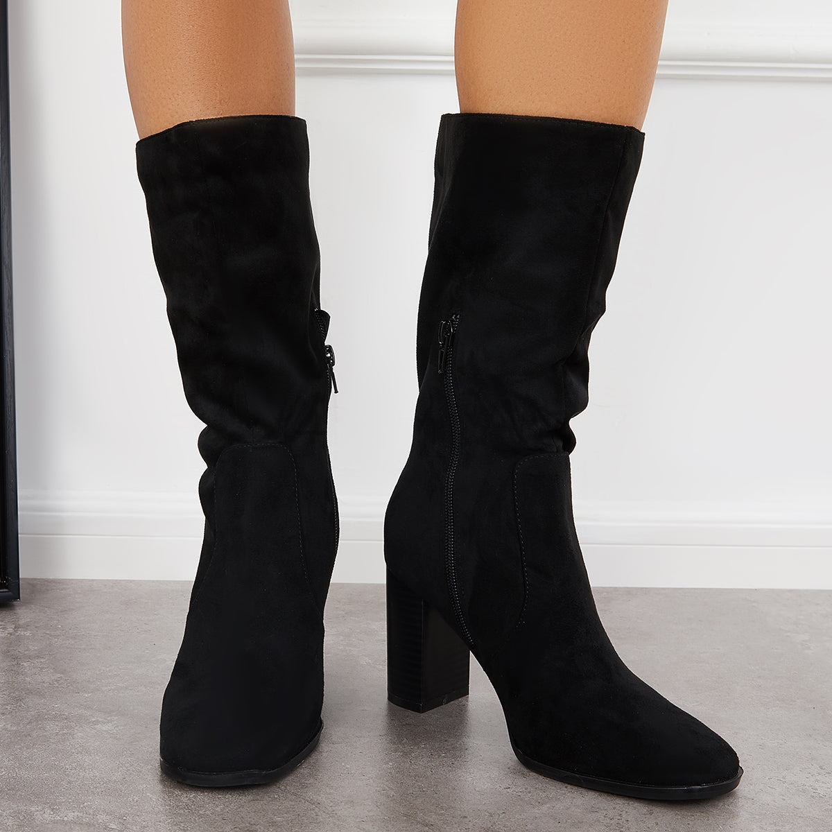 Women Stretch Wide Calf Riding Boots Suede Chunky High Heel Booties