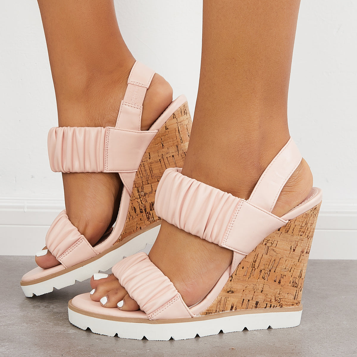 Open Toe Ankle Strap Ruched Sandals Platform Wedge Heels