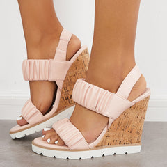 Open Toe Ankle Strap Ruched Sandals Platform Wedge Heels