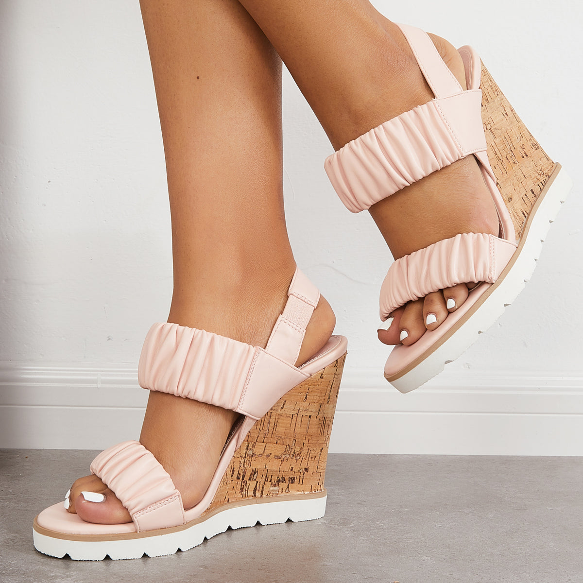 Open Toe Ankle Strap Ruched Sandals Platform Wedge Heels