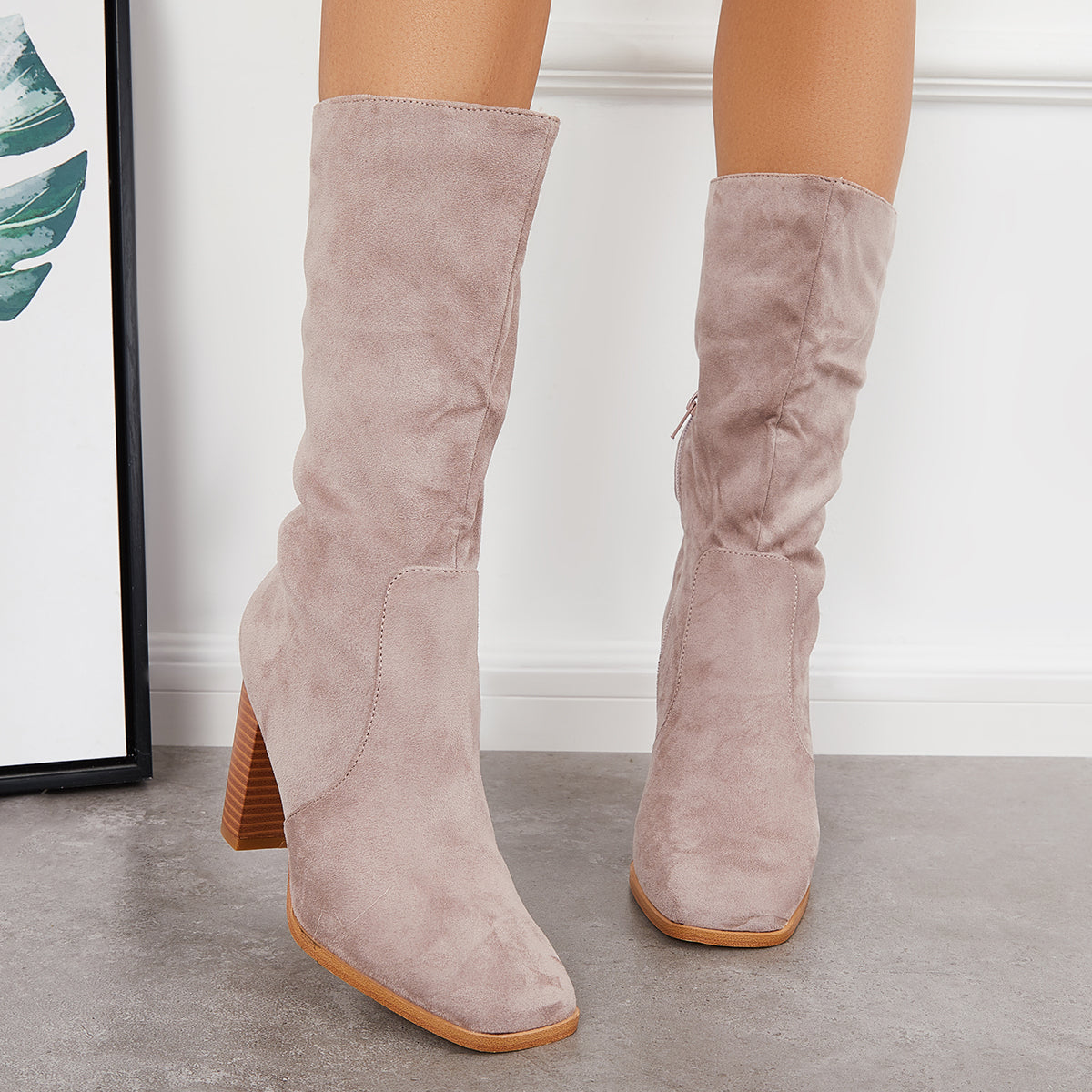 Women Stretch Wide Calf Riding Boots Suede Chunky High Heel Booties