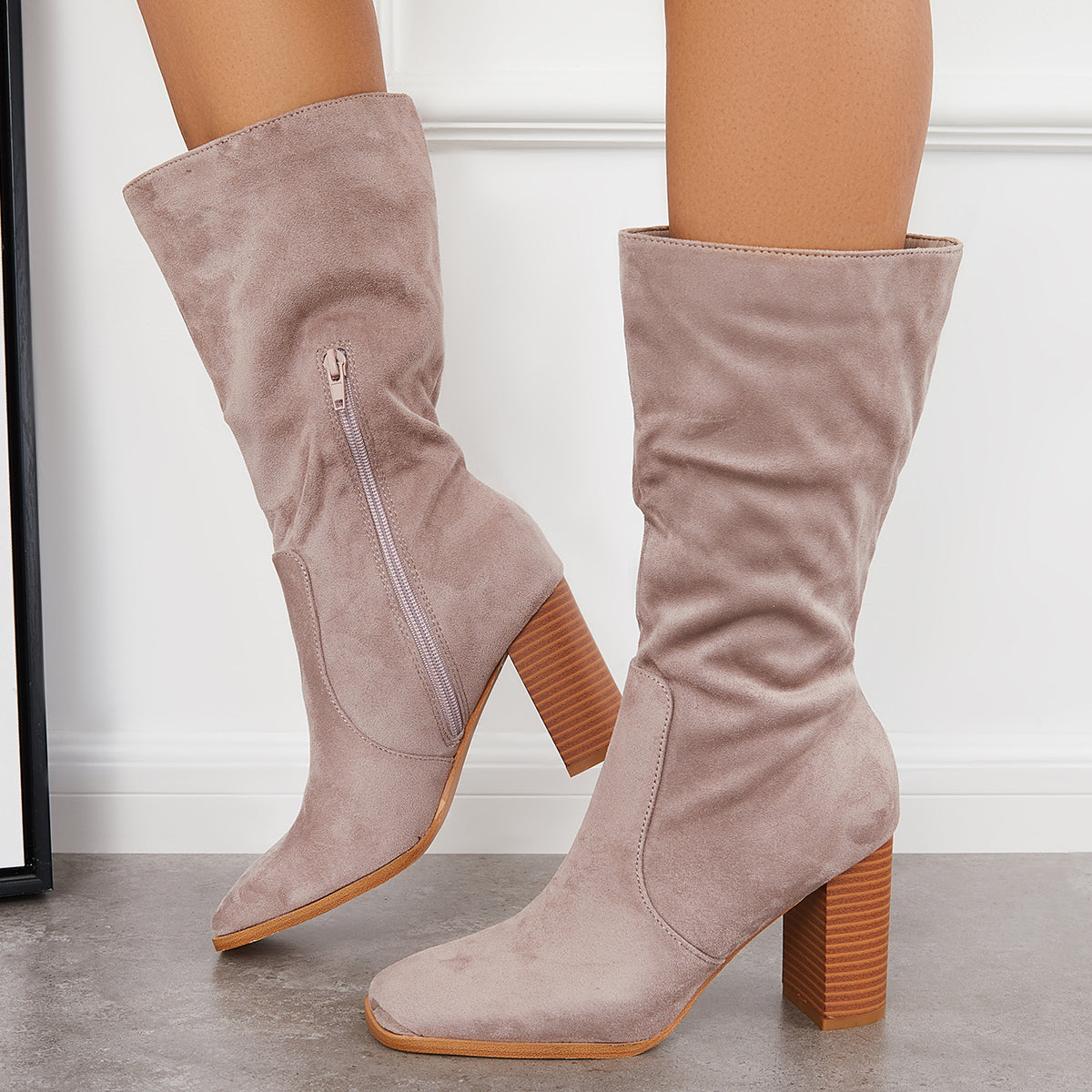 Women Stretch Wide Calf Riding Boots Suede Chunky High Heel Booties