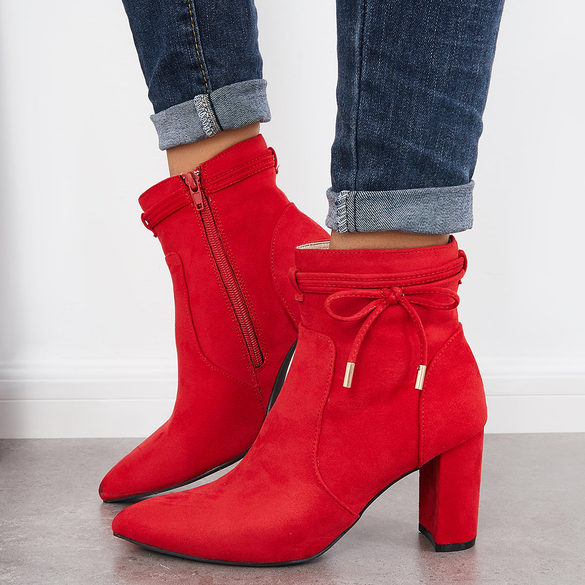 Women Bow Decor Chunky Heeled Booties Side Zipper Ankle Boots