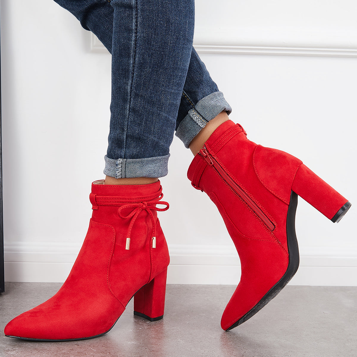 Women Bow Decor Chunky Heeled Booties Side Zipper Ankle Boots