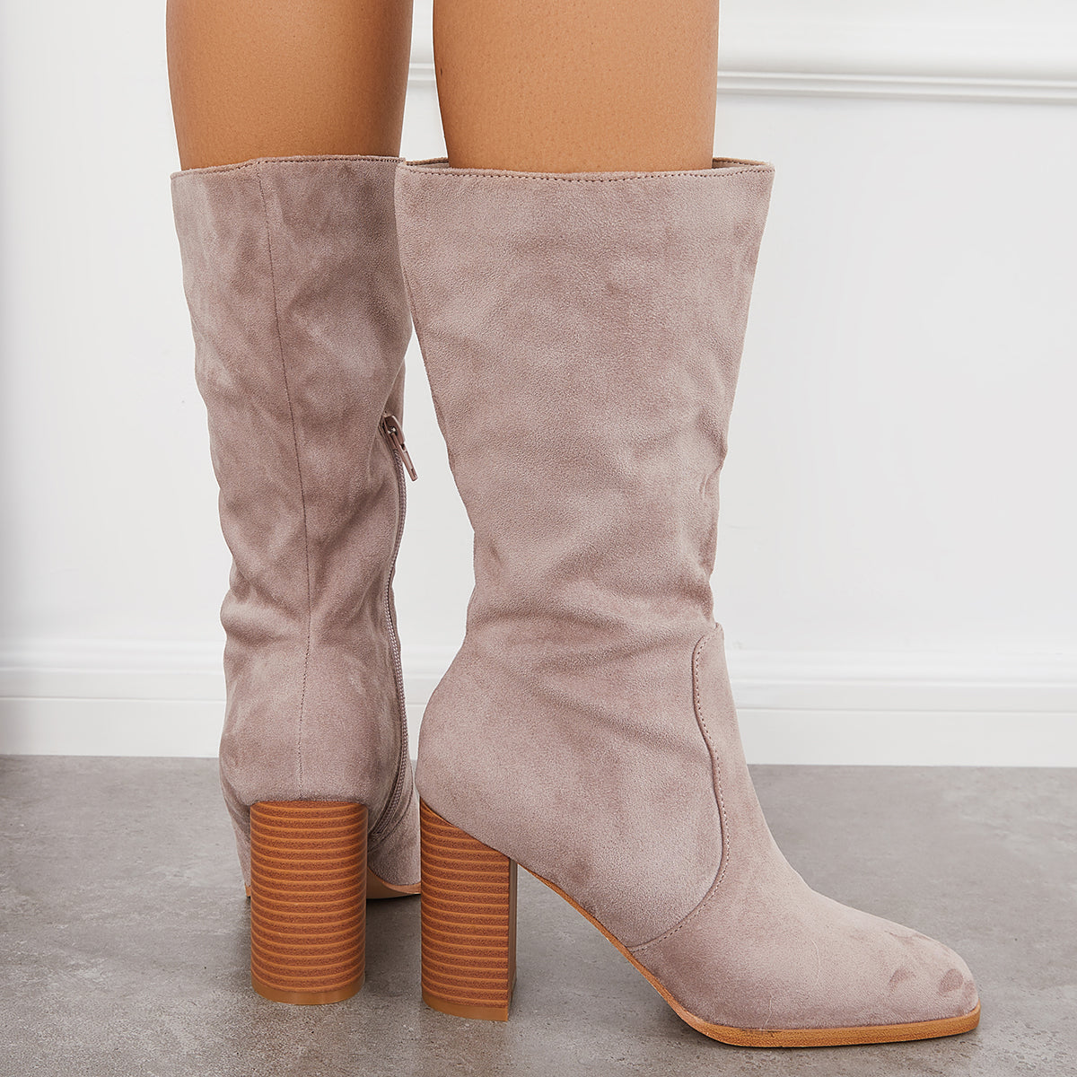 Women Stretch Wide Calf Riding Boots Suede Chunky High Heel Booties