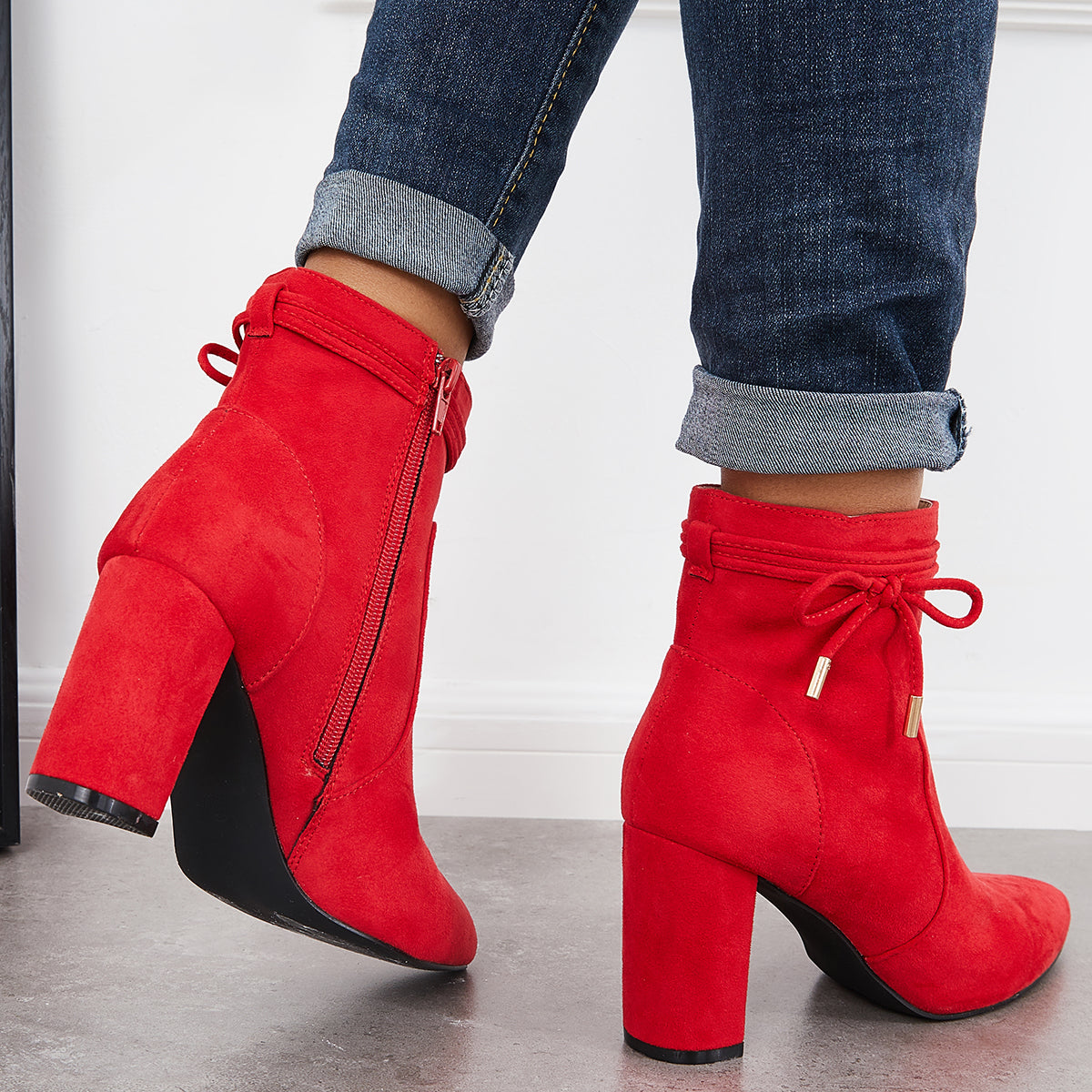 Women Bow Decor Chunky Heeled Booties Side Zipper Ankle Boots