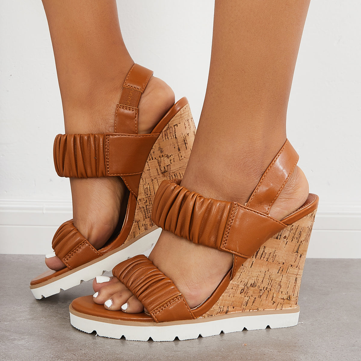 Open Toe Ankle Strap Ruched Sandals Platform Wedge Heels