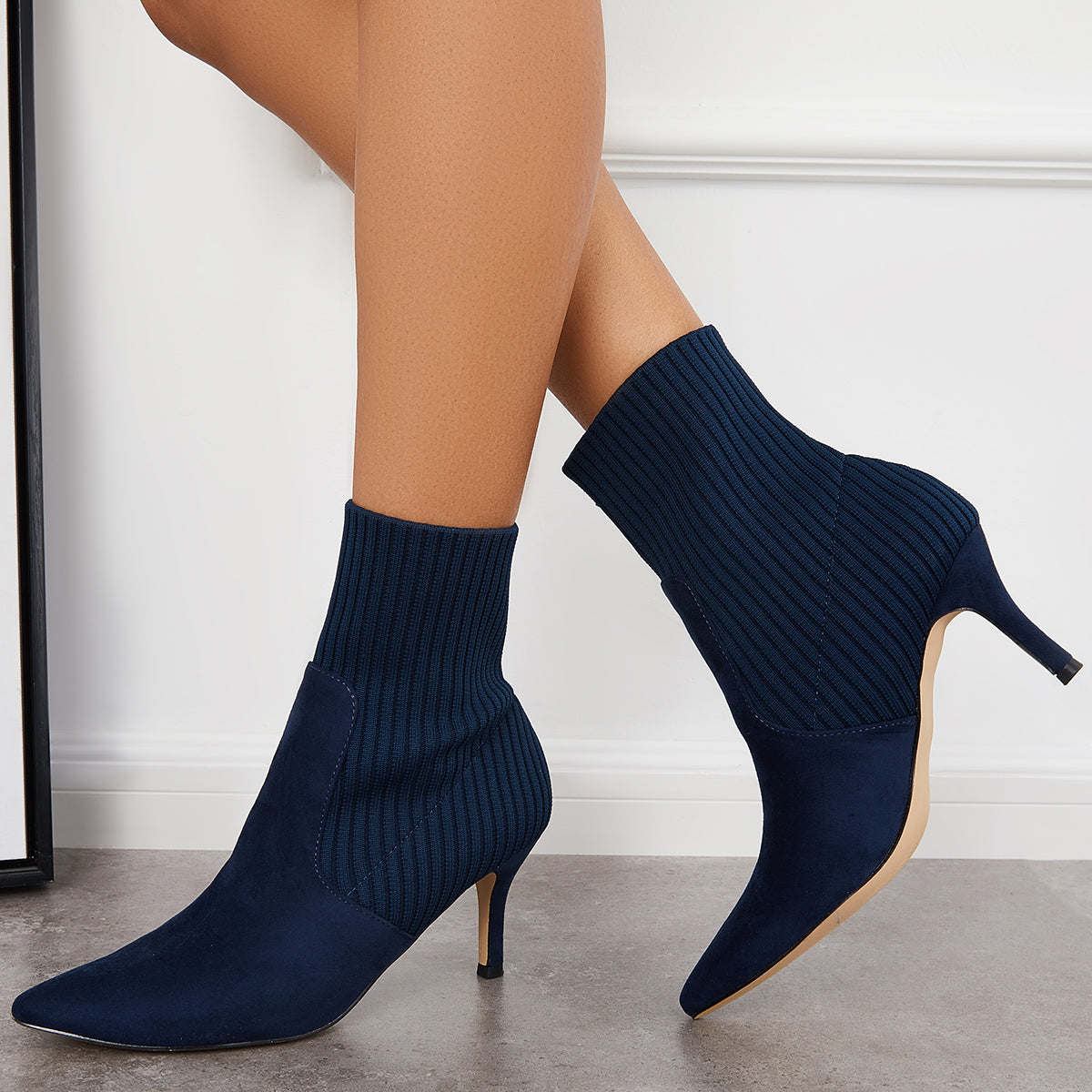 Women's Pointed Toe Knit Sock Booties Stiletto Kitten Heel Ankle Boots