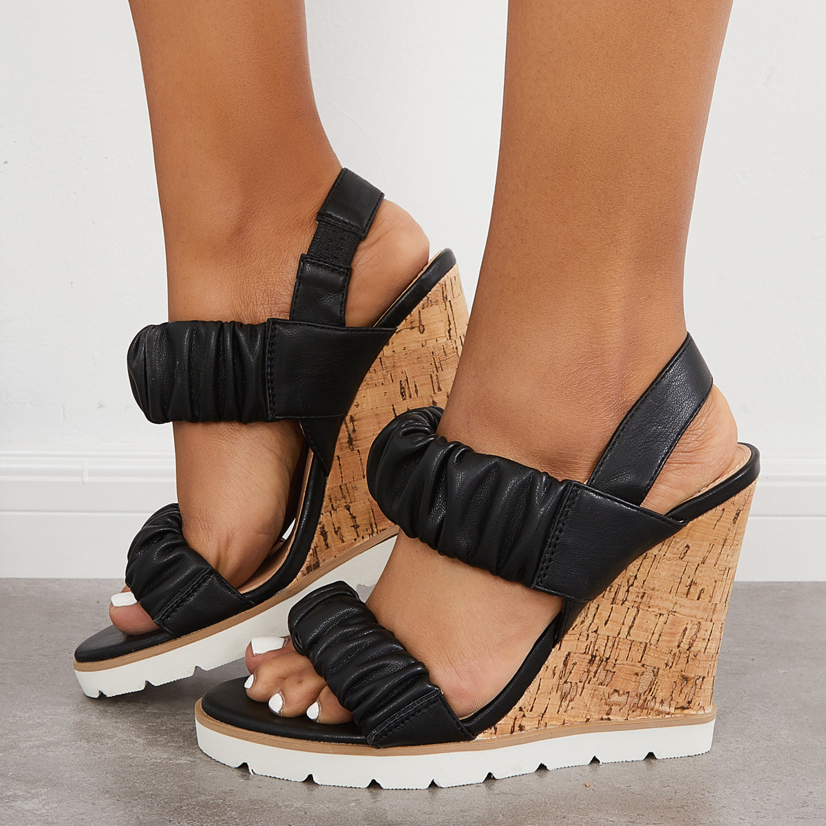 Open Toe Ankle Strap Ruched Sandals Platform Wedge Heels