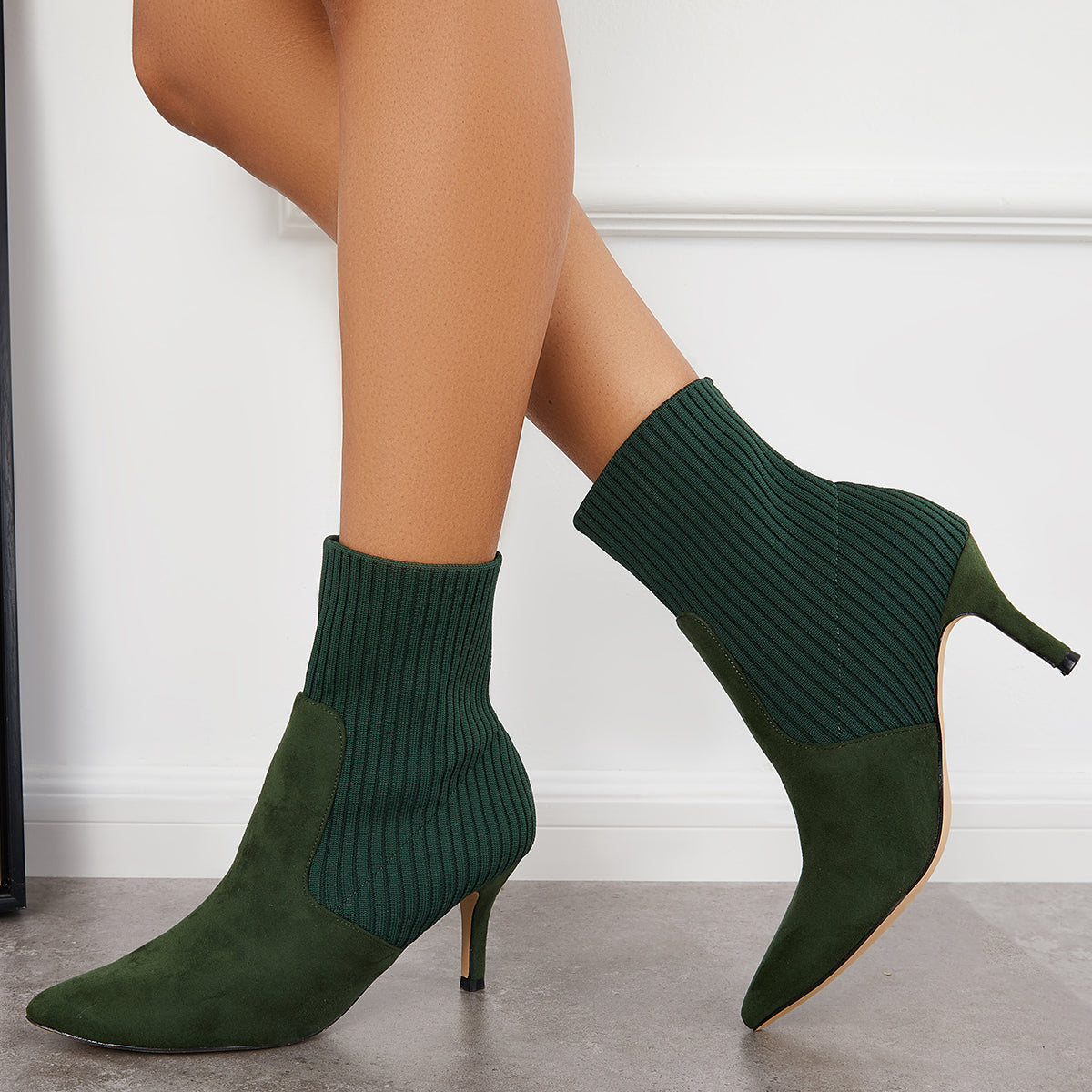 Women's Pointed Toe Knit Sock Booties Stiletto Kitten Heel Ankle Boots