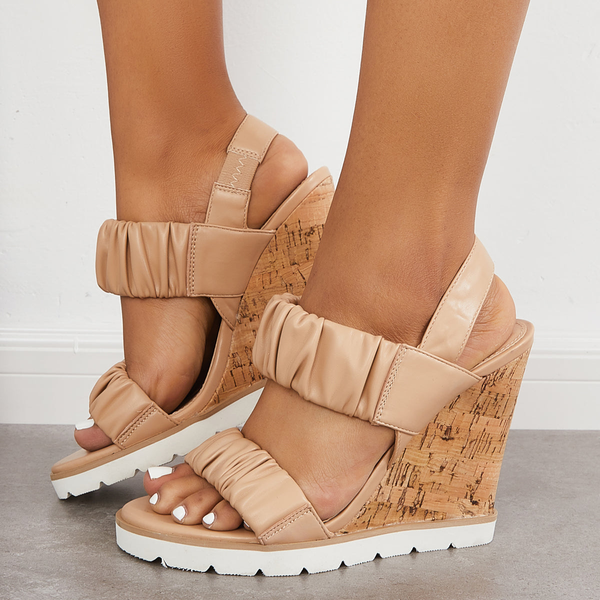 Open Toe Ankle Strap Ruched Sandals Platform Wedge Heels