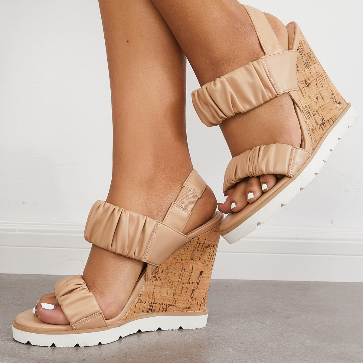 Open Toe Ankle Strap Ruched Sandals Platform Wedge Heels