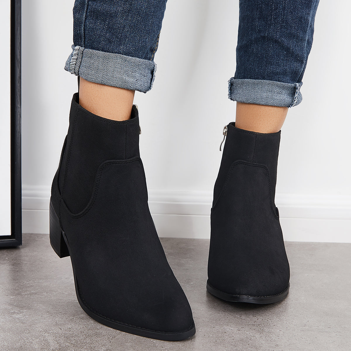 Women Chunky Block Heel Ankle Boots Pointed Toe Casual Winter Booties