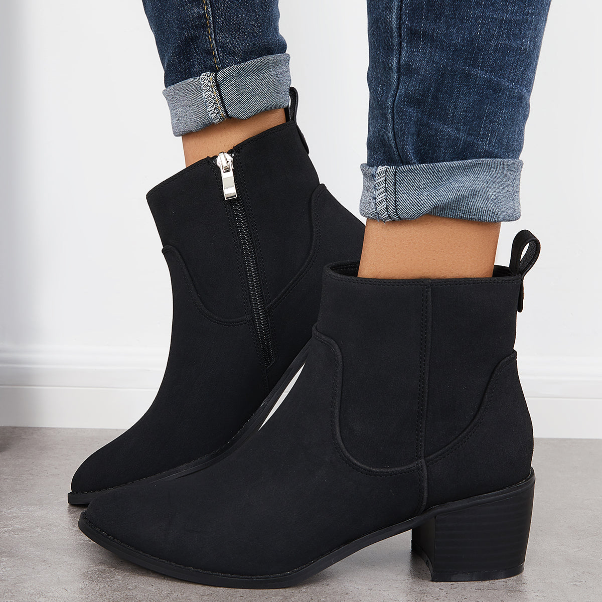 Women Chunky Block Heel Ankle Boots Pointed Toe Casual Winter Booties