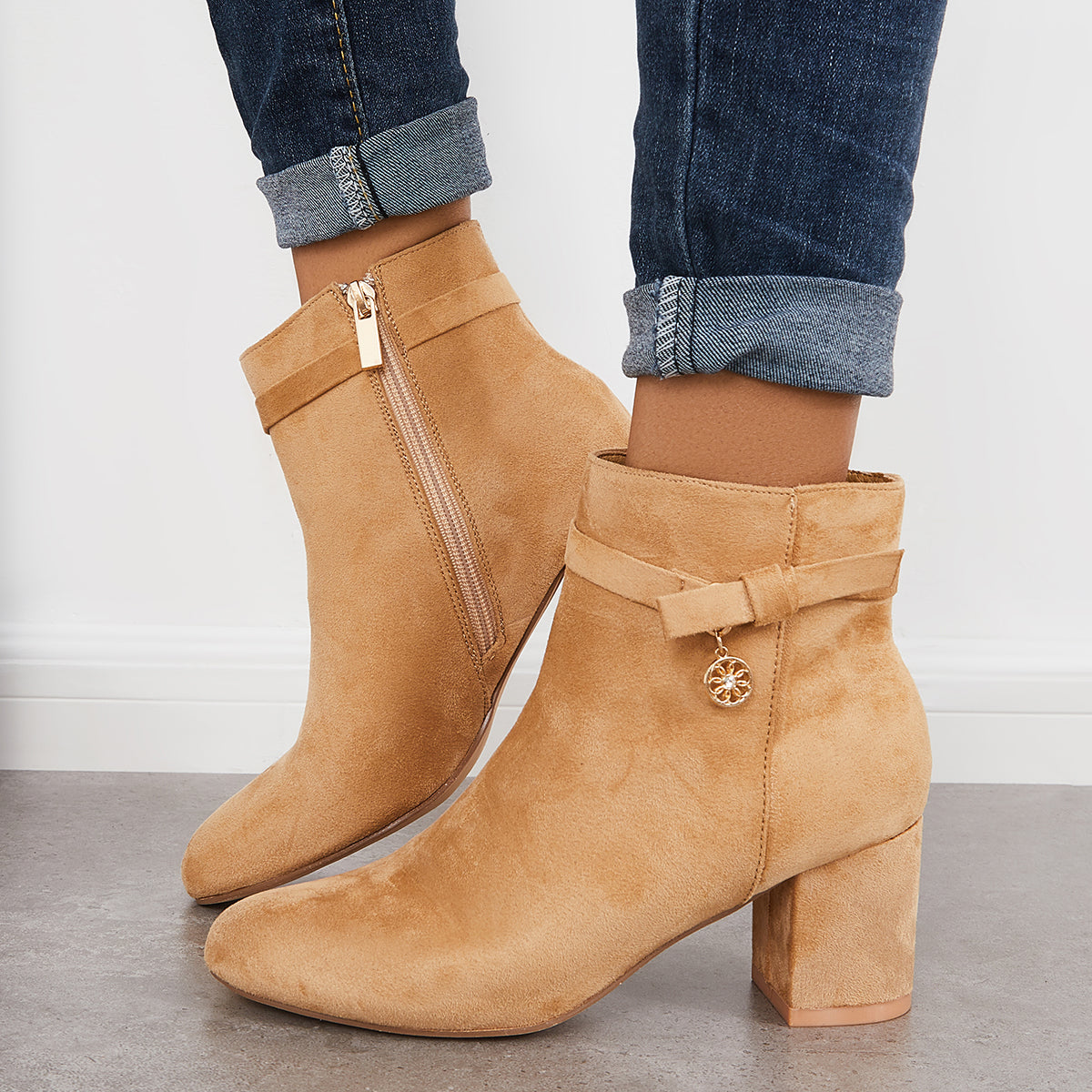 Round Toe Ankle Boots Chunky Block Heels Side Zipper Dress Booties