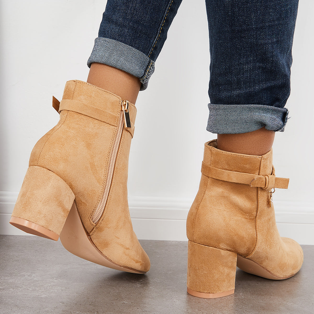 Round Toe Ankle Boots Chunky Block Heels Side Zipper Dress Booties