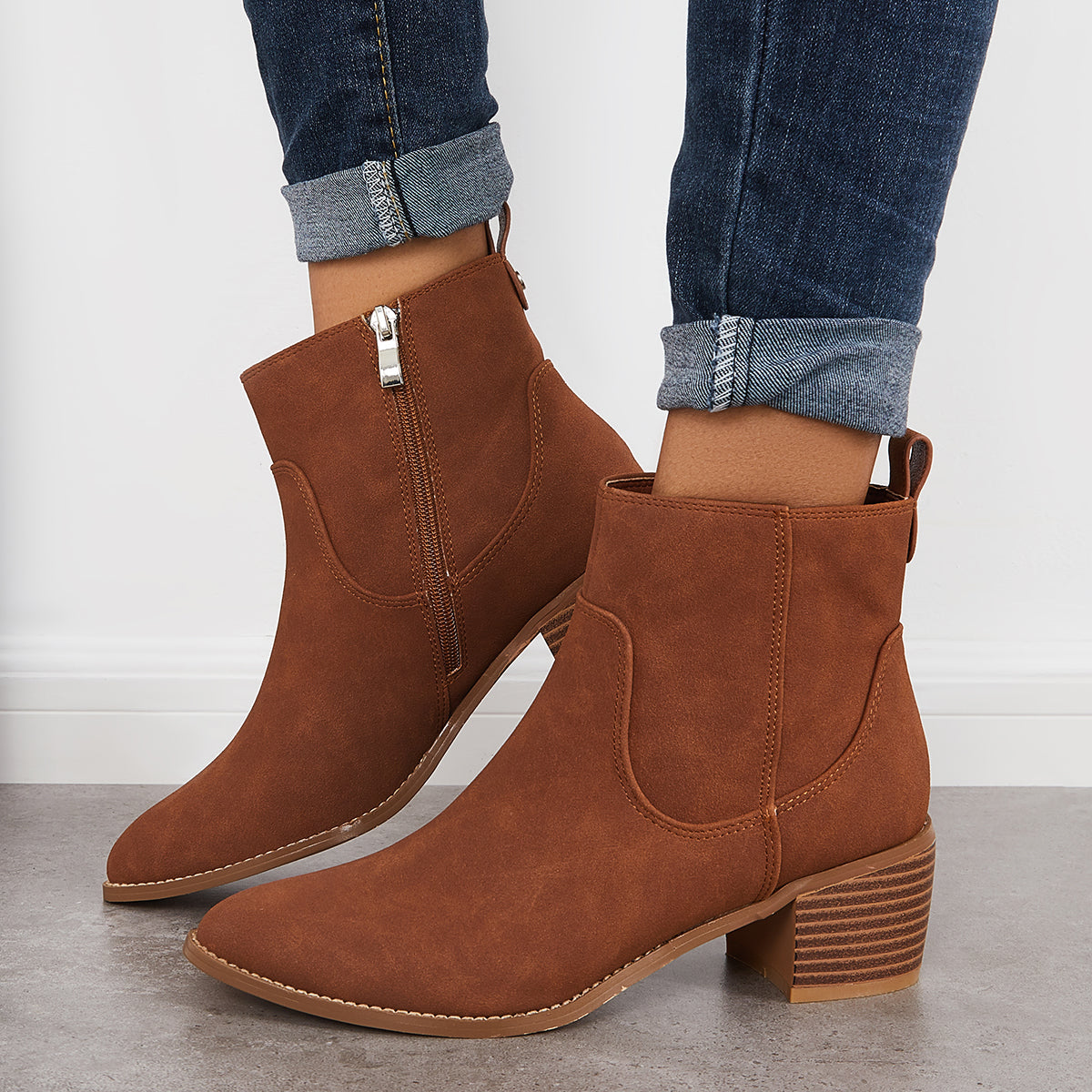 Women Chunky Block Heel Ankle Boots Pointed Toe Casual Winter Booties