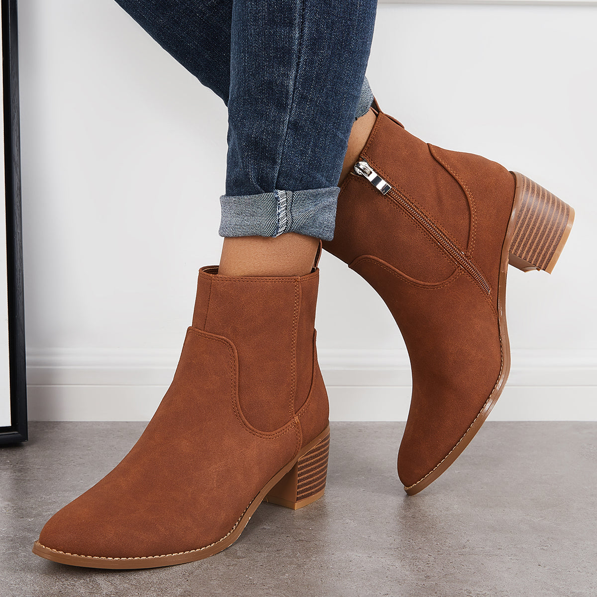 Women Chunky Block Heel Ankle Boots Pointed Toe Casual Winter Booties