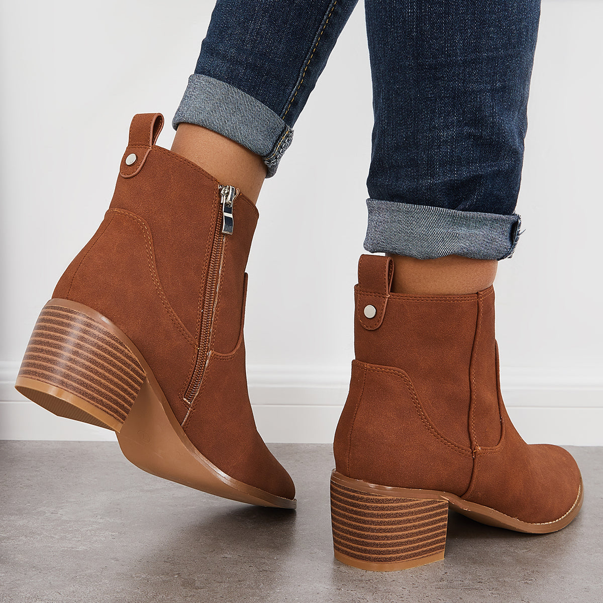 Women Chunky Block Heel Ankle Boots Pointed Toe Casual Winter Booties