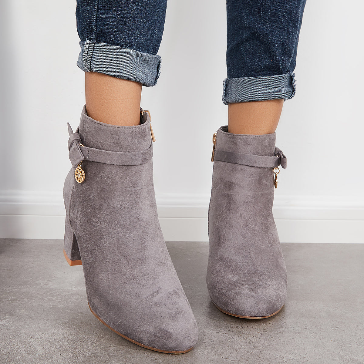 Round Toe Ankle Boots Chunky Block Heels Side Zipper Dress Booties