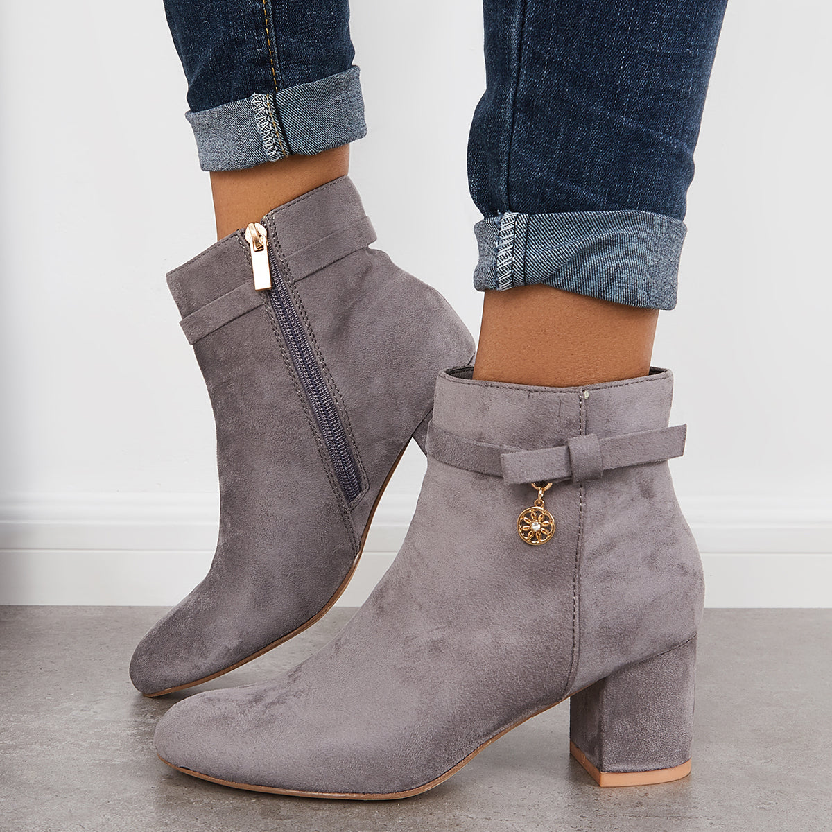 Round Toe Ankle Boots Chunky Block Heels Side Zipper Dress Booties