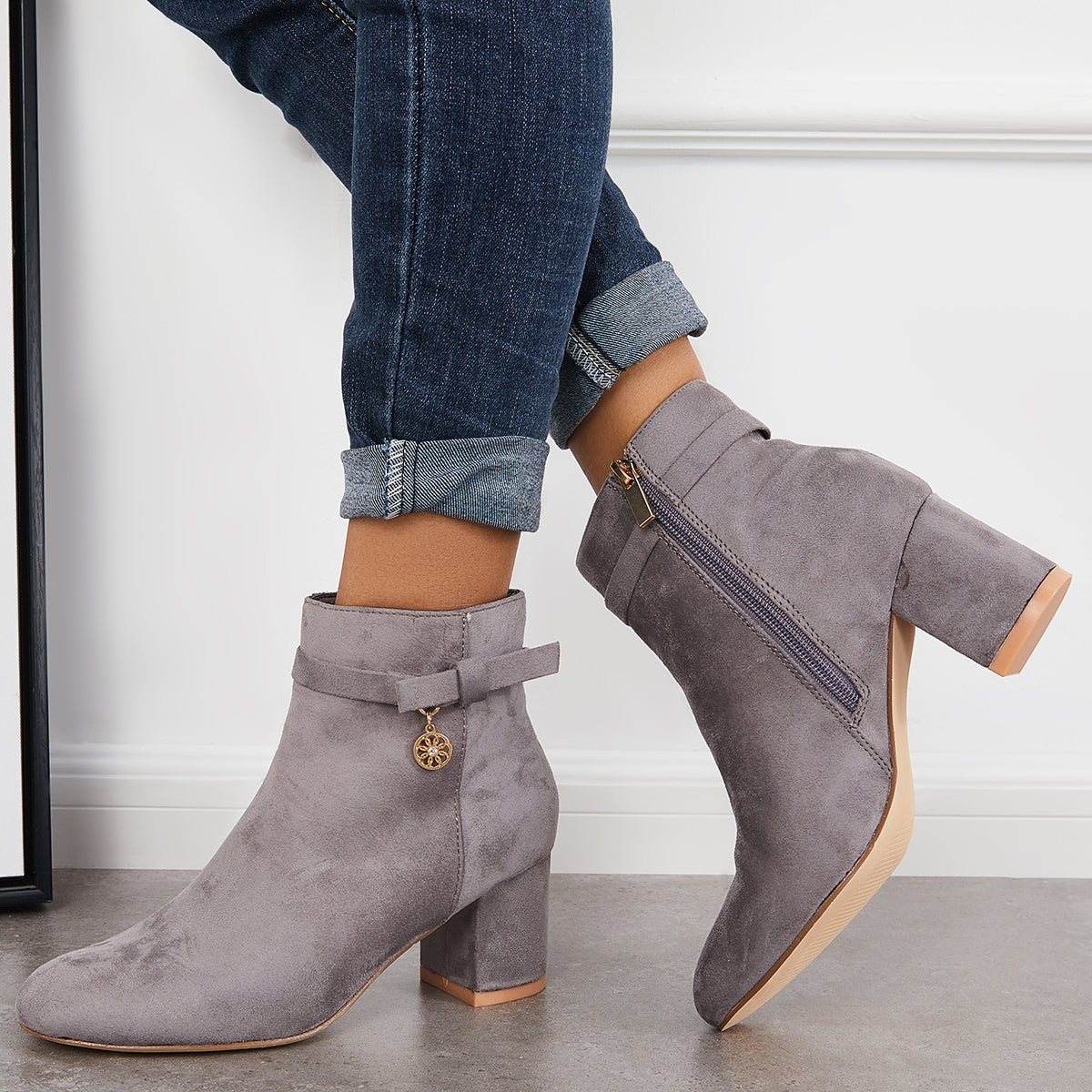 Round Toe Ankle Boots Chunky Block Heels Side Zipper Dress Booties