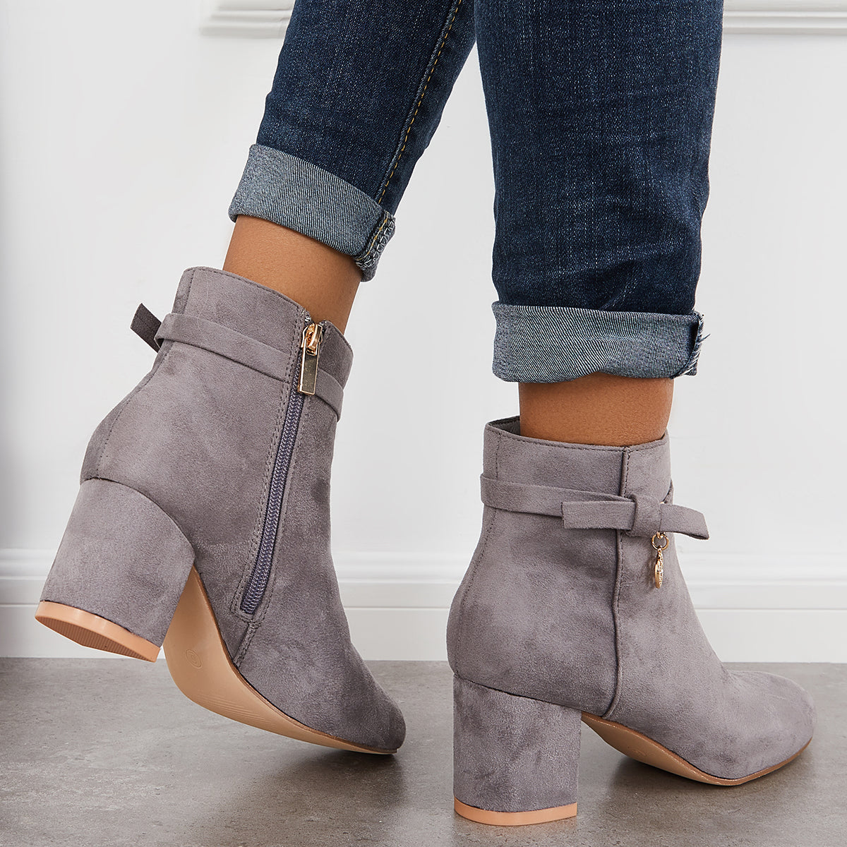 Round Toe Ankle Boots Chunky Block Heels Side Zipper Dress Booties