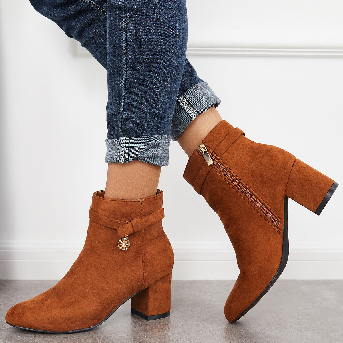 Round Toe Ankle Boots Chunky Block Heels Side Zipper Dress Booties