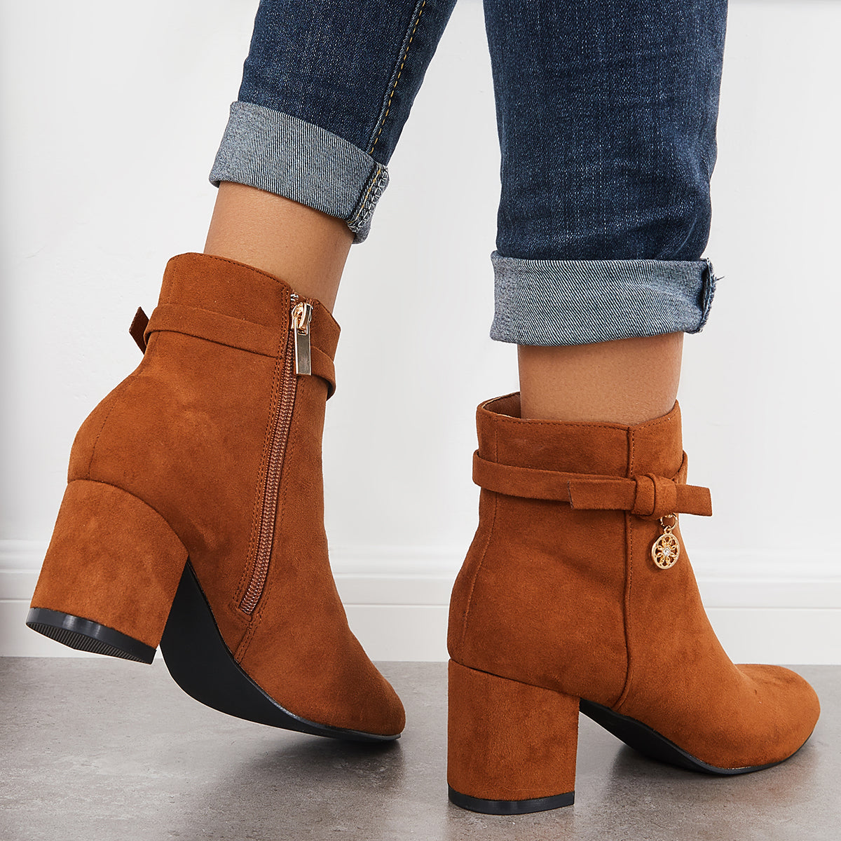 Round Toe Ankle Boots Chunky Block Heels Side Zipper Dress Booties