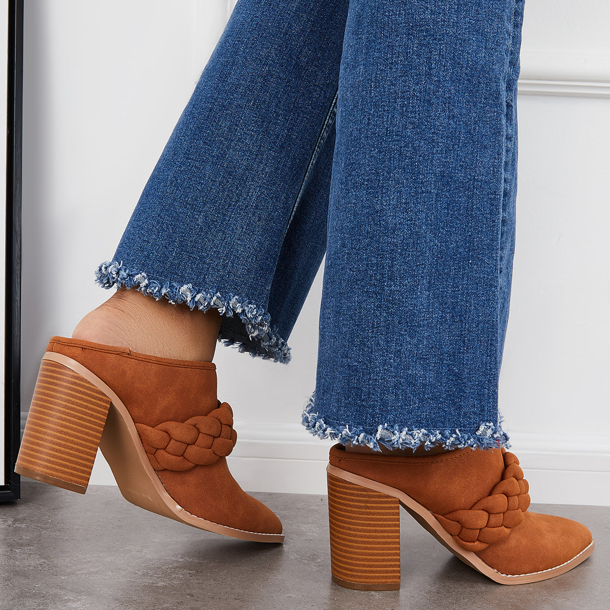 Women Chunky High Heel Western Mules Closed Toe Backless Boots