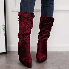 Slouch Mid Calf Boots Wide Calf Chunky Block Heel Boots for Women