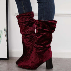 Slouch Mid Calf Boots Wide Calf Chunky Block Heel Boots for Women