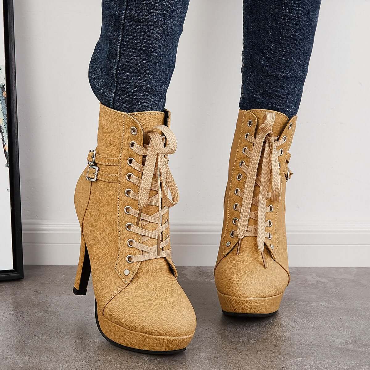 Chunky Platform High Heel Ankle Boots Lace Up Booties