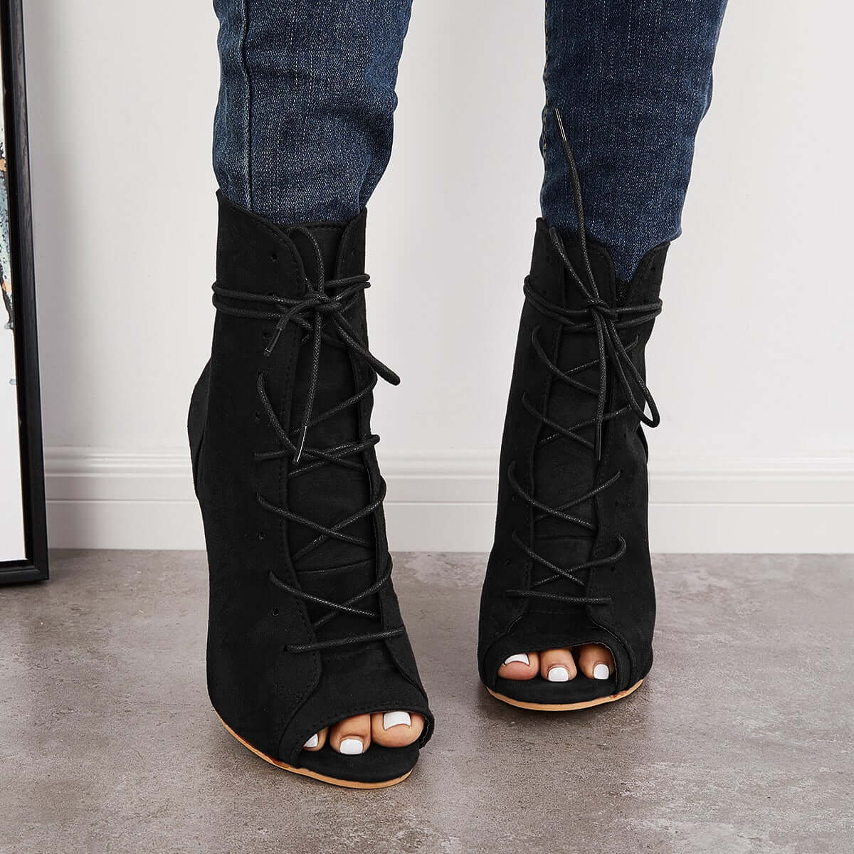 Women's Fashion Peep Toe Stiletto High Heel Ankle Boots Lace Up Booties