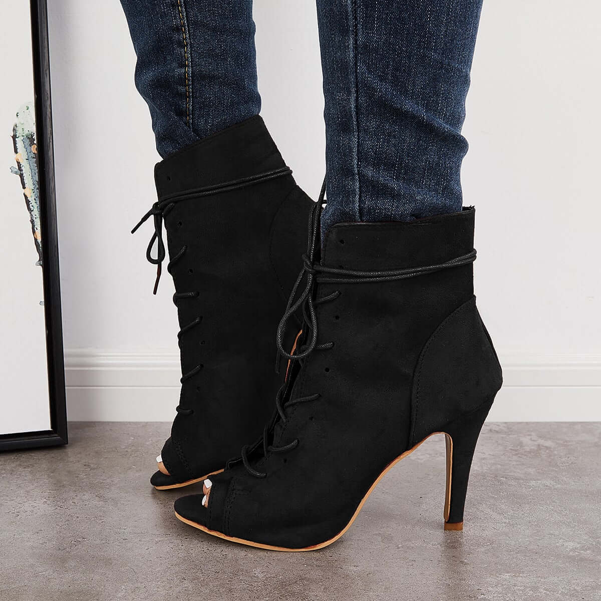 Women's Fashion Peep Toe Stiletto High Heel Ankle Boots Lace Up Booties