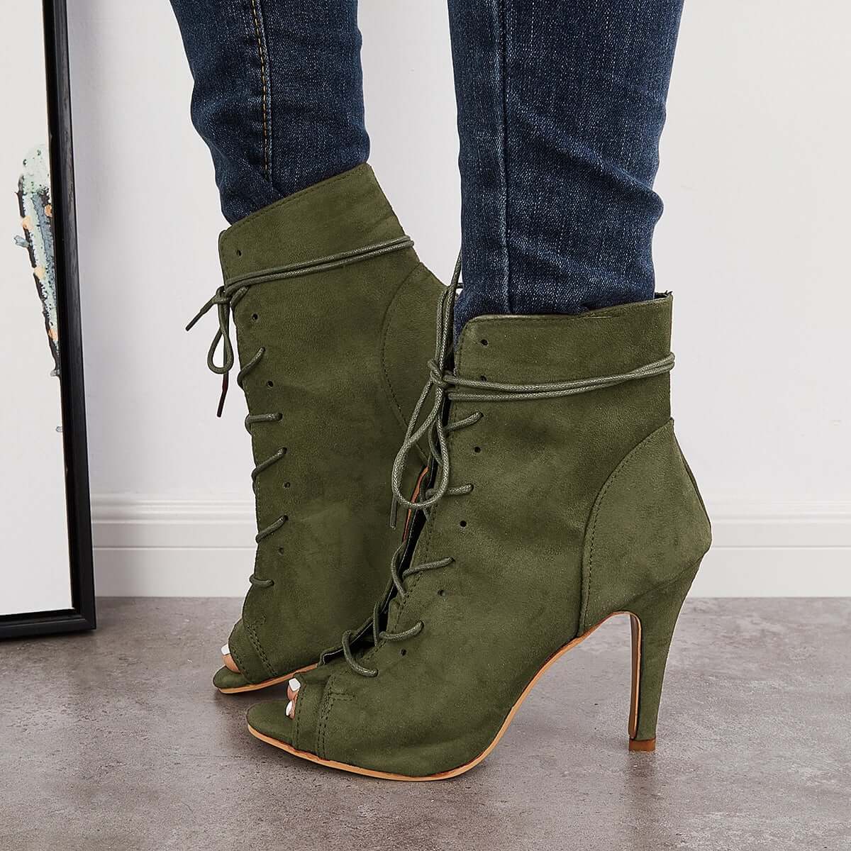 Women's Fashion Peep Toe Stiletto High Heel Ankle Boots Lace Up Booties