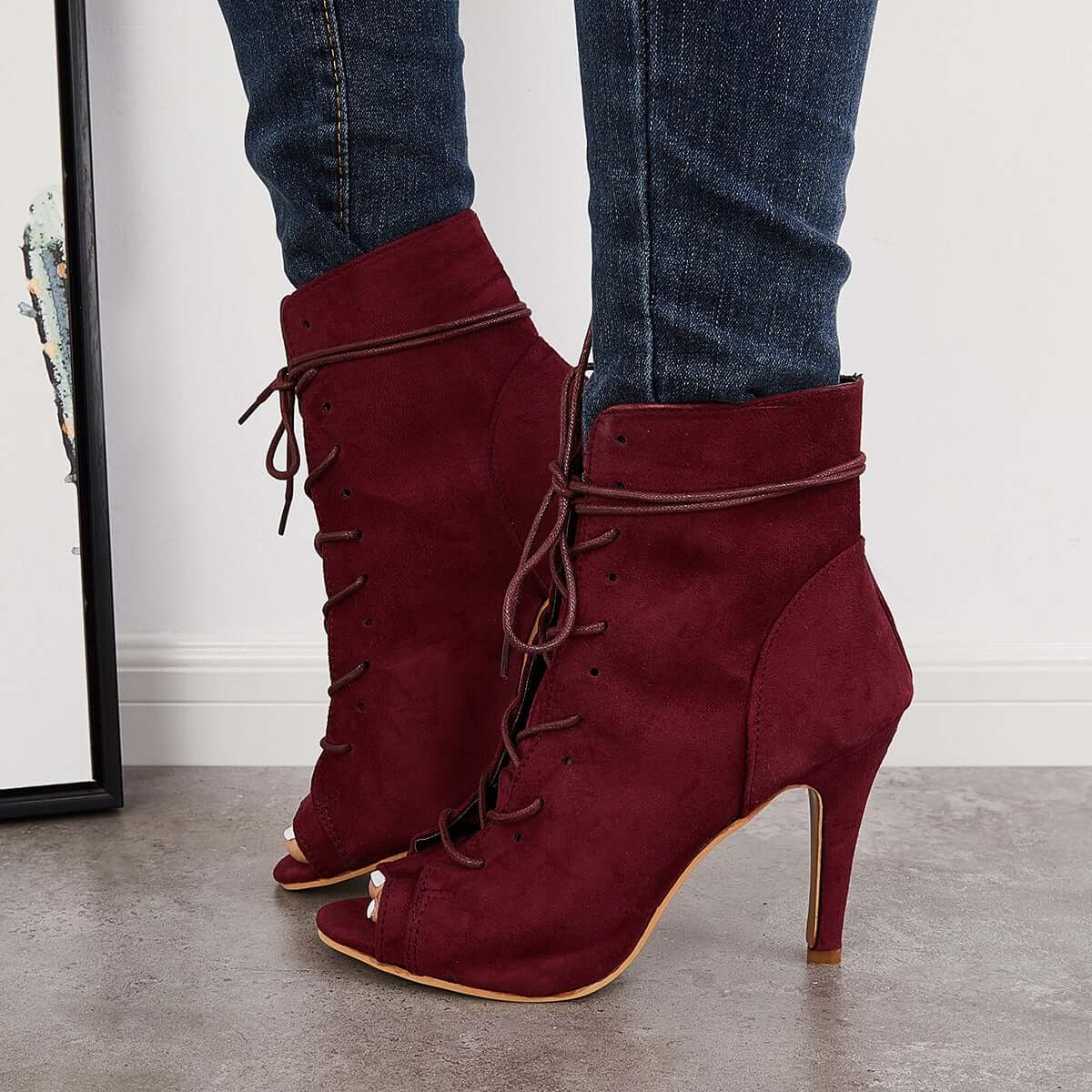 Women's Fashion Peep Toe Stiletto High Heel Ankle Boots Lace Up Booties