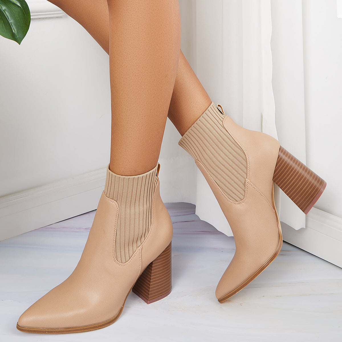 Women Casual Ankle Boots Khaki Chunky Heel Sock Booties