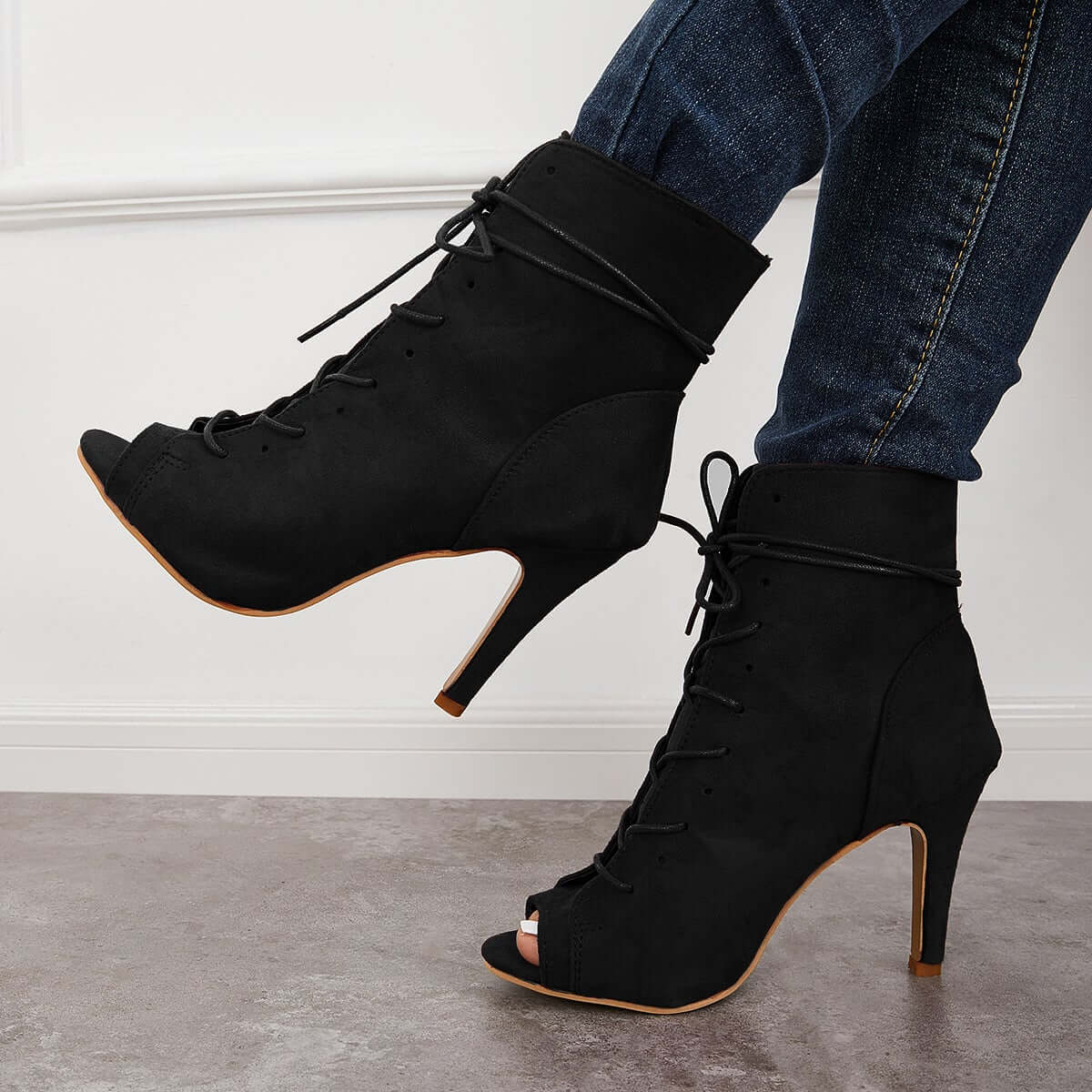 Women's Fashion Peep Toe Stiletto High Heel Ankle Boots Lace Up Booties