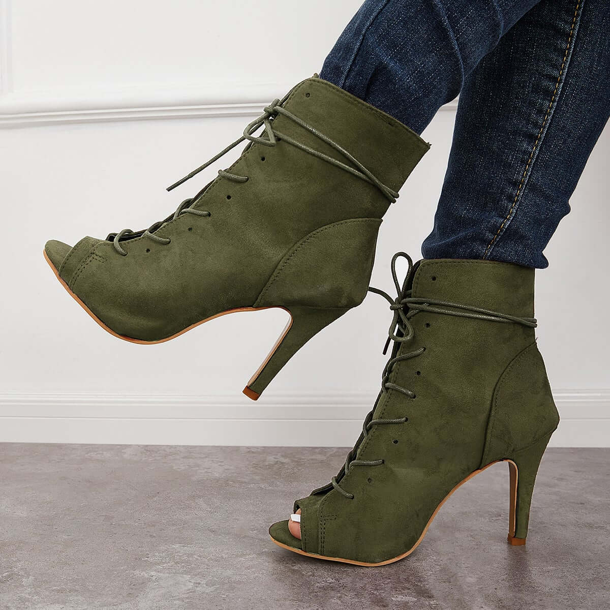 Women's Fashion Peep Toe Stiletto High Heel Ankle Boots Lace Up Booties