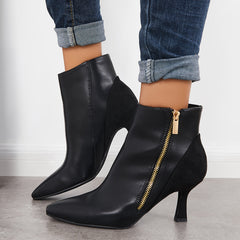 Women Square Toe Kitten Heel Booties Low Stiletto Heel Zipper Ankle Boots