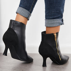 Women Square Toe Kitten Heel Booties Low Stiletto Heel Zipper Ankle Boots