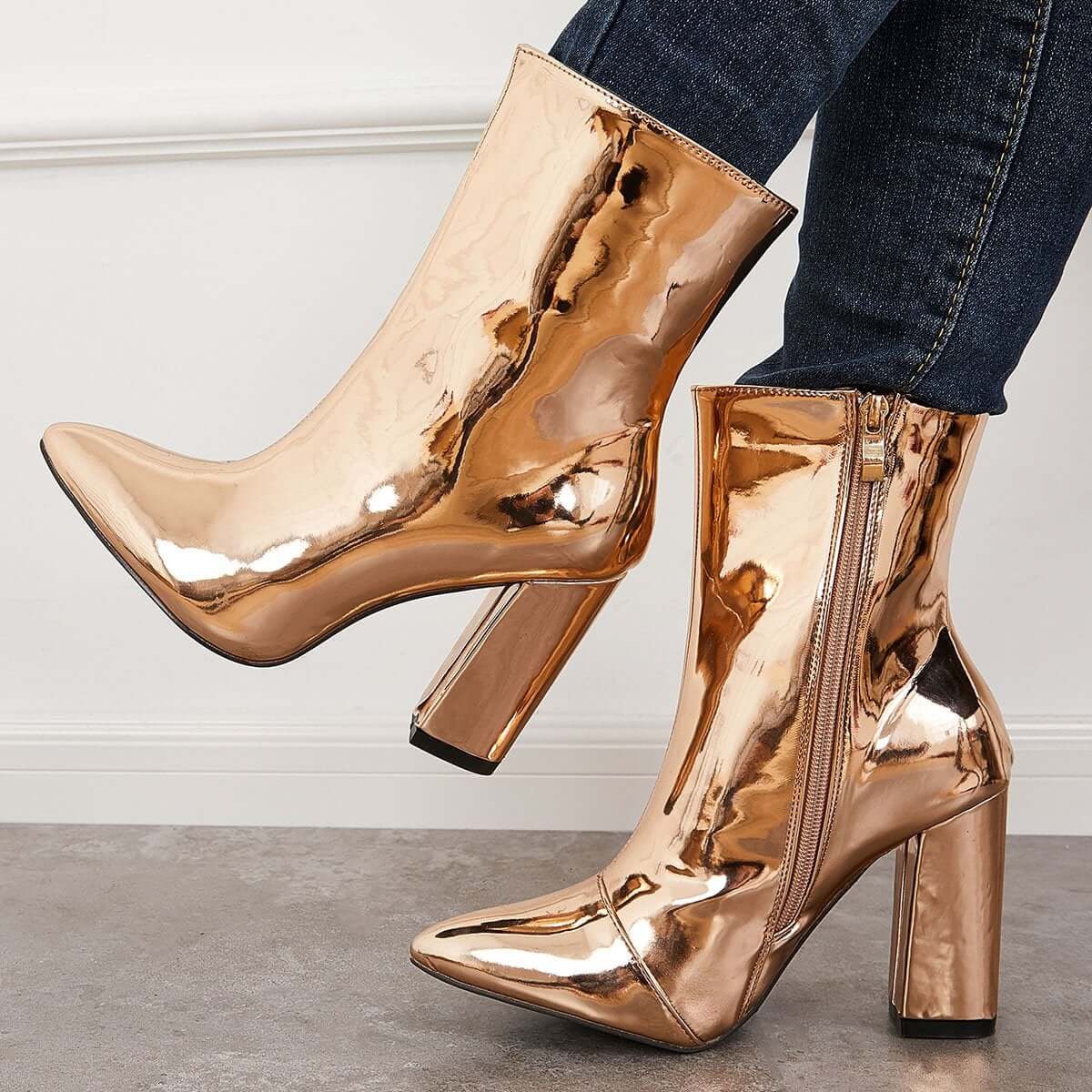 Women's Patent Leather Pointed Toe Ankle Boots Chunky High Heel Booties