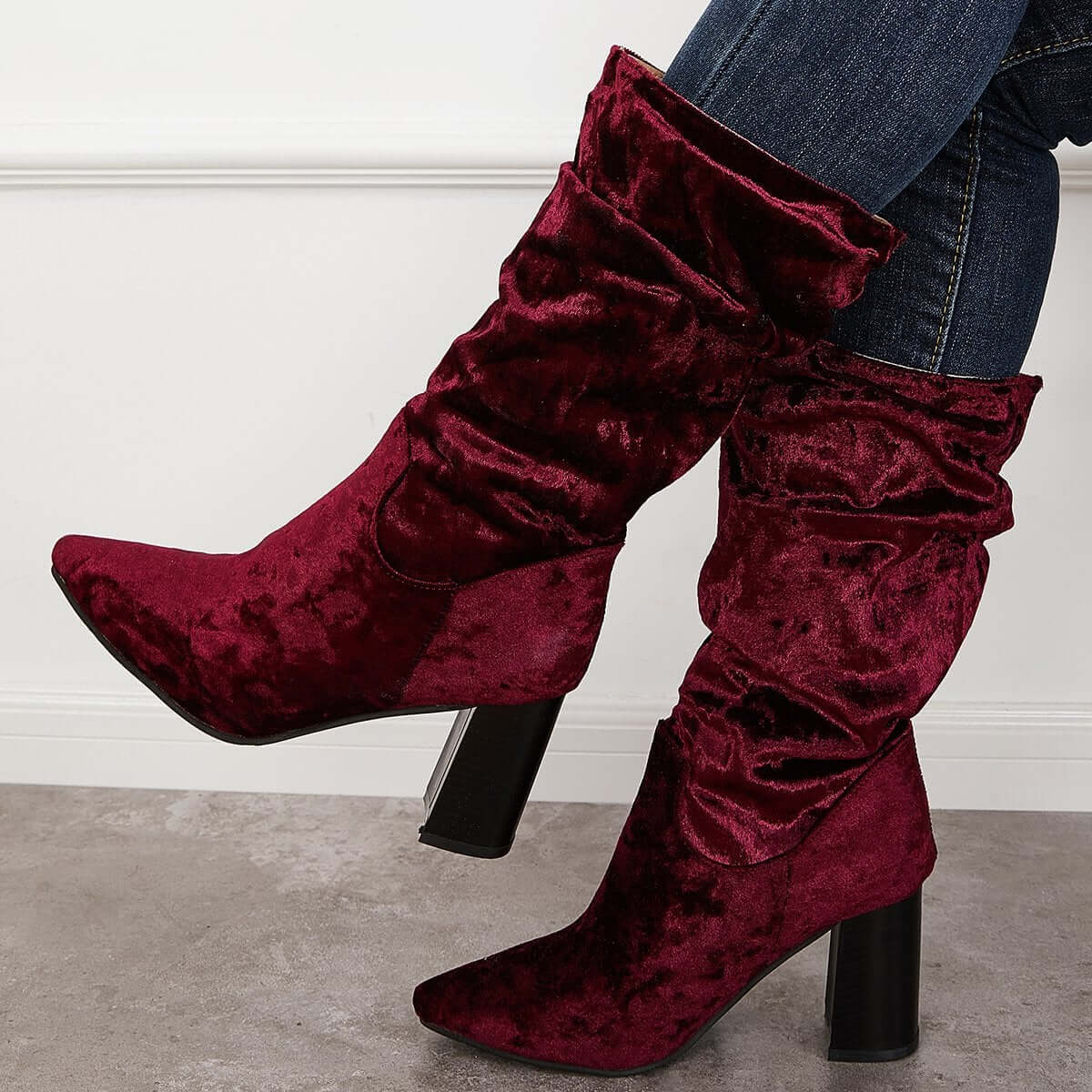 Slouch Mid Calf Boots Wide Calf Chunky Block Heel Boots for Women