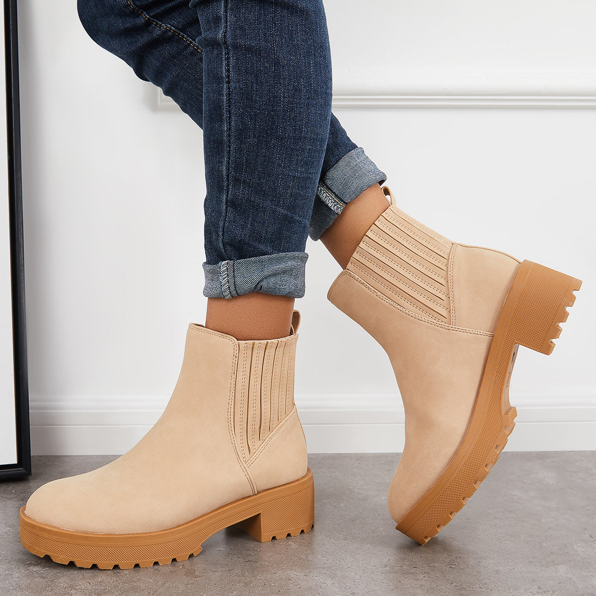 Women Fashion Platform Ankle Boots Slip on Block Heel Chelsea Booties